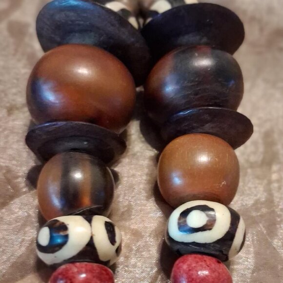 Vintage African Wooden Beaded and Metal Necklace w/ Symbolic Pendant - Picture 2 of 6